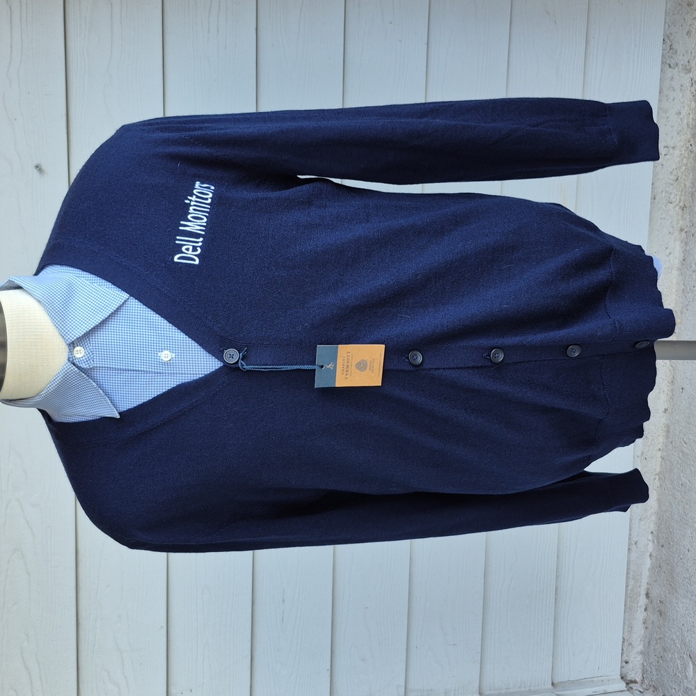 CHARLES TYRWHITT Dark Navy Weave Merino Wool Mens Large Cardigan Sweater NEW